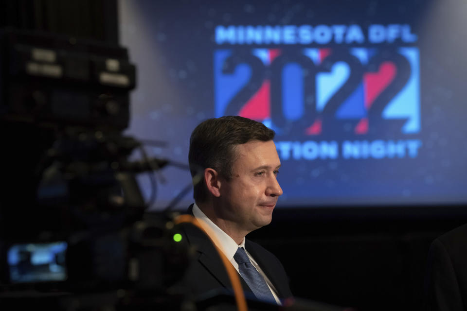 Democratic-Farmer-Labor Party Chair Ken Martin gives interviews at the DFL election night party at the Intercontinental Hotel in St. Paul, Minn., Tuesday, Nov. 8, 2022. Martin says the Minnesota Democratic Party will consider expelling anyone involved in a brawl that broke out over nominations for a Minneapolis City Council seat. At least two people were injured in a confrontation, Saturday, May 13, 2023. (Glen Stubbe/Star Tribune via AP)