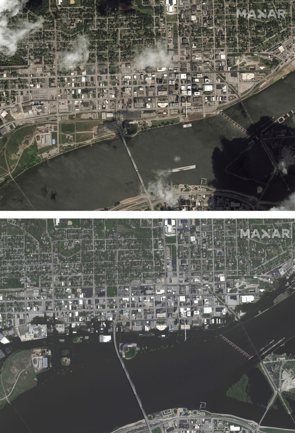 This combination photo of satellite images provided by Maxar Technologies show Davenport, Iowa, top, on Aug. 22, 2017, before floodwaters hit and after on Saturday, May 4, 2019. (Satellite image ©2019 Maxar Technologies via AP)