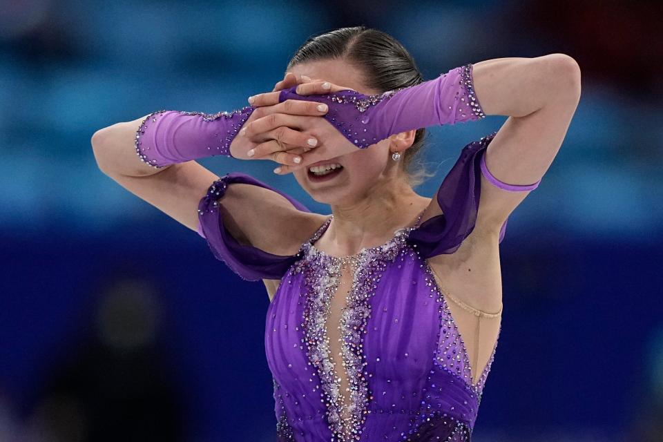 Kamila Valieva, of the Russian Olympic Committee, reacts in the women's short program during the figure skating (AP)