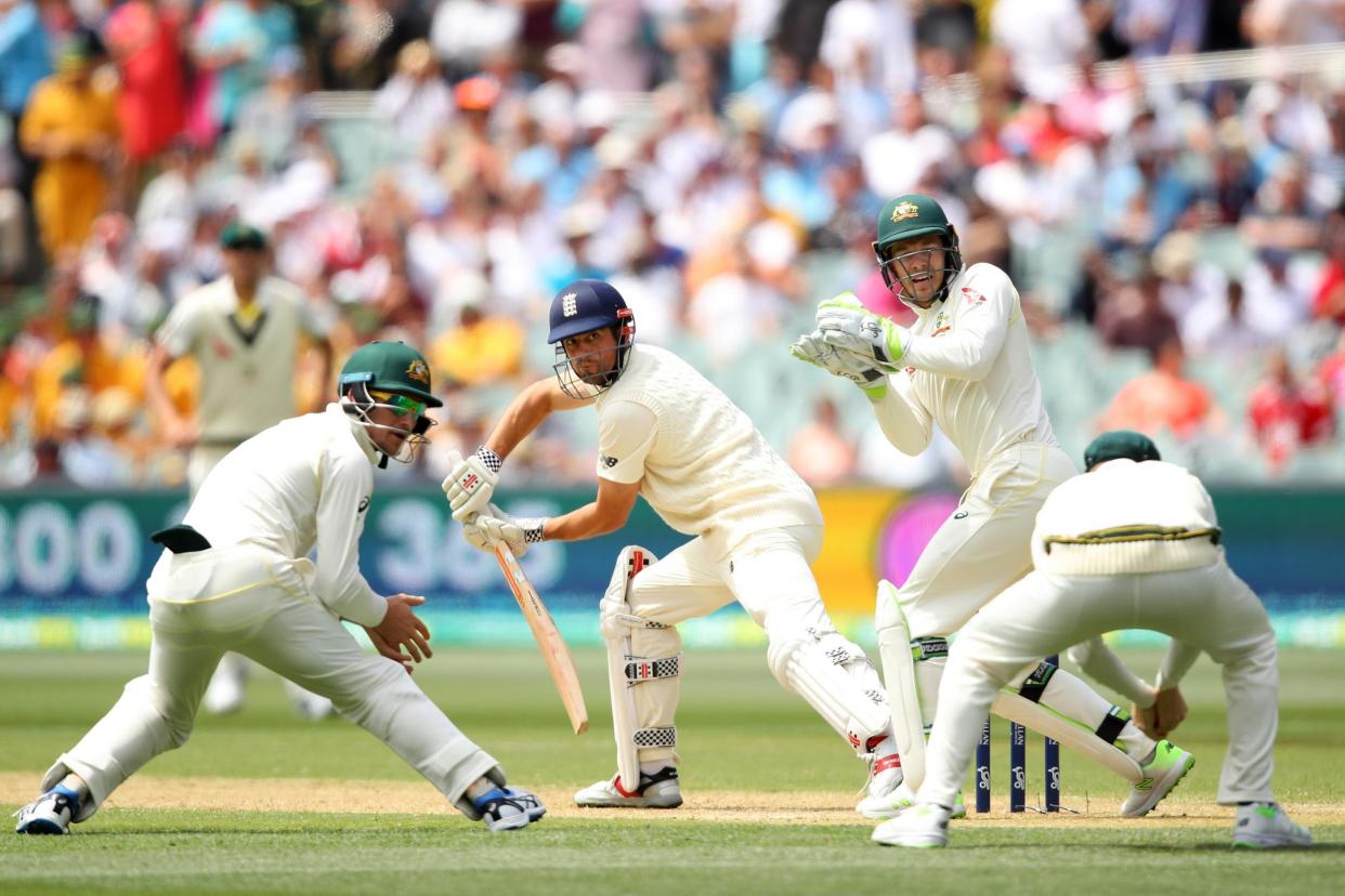 Struggling: Alastair Cook is caught by Steve Smith in the Second Test at Adelaide and has only 62 runs in the series: Getty Images