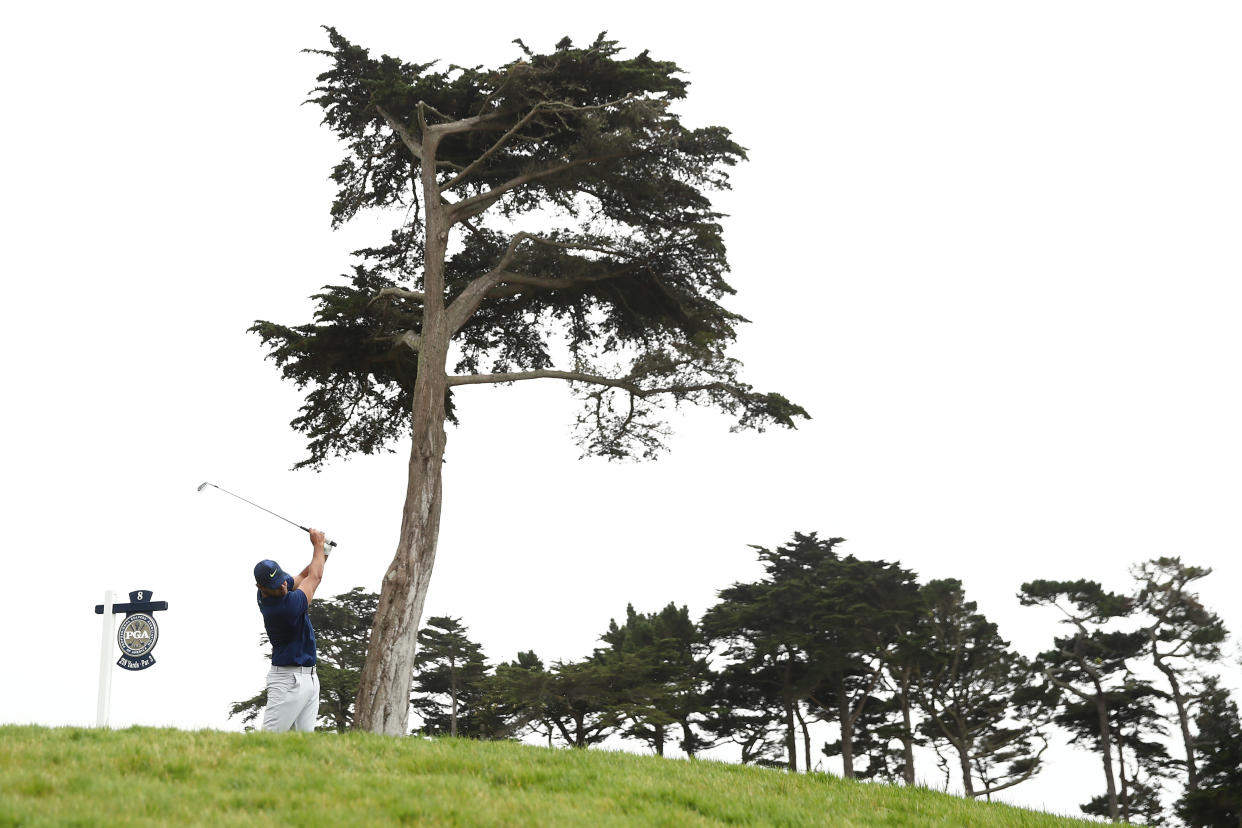 Brooks Koepka tries to keep it in play on a windy day at TPC Harding Park. (Photo by Ezra Shaw/Getty Images)