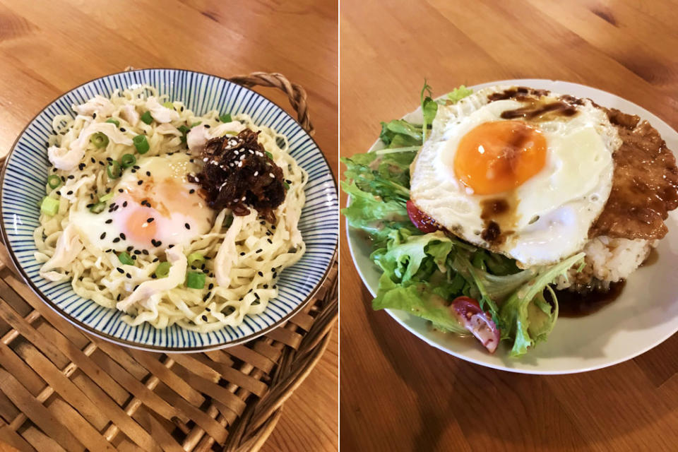 Taiwanese style 'cōng yóu bàn miàn' with aromatic scallion oil (left) or Japanese style 'hambāgu' steak with rice (right)?