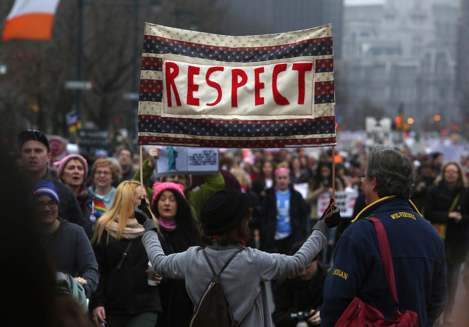 <p>A demonstrator participates in a Women’s March Saturday Jan. 21, 2017 in Philadelphia. The march is being held in solidarity with similar events taking place in Washington and around the nation. (AP Photo/Jacqueline Larma) </p>