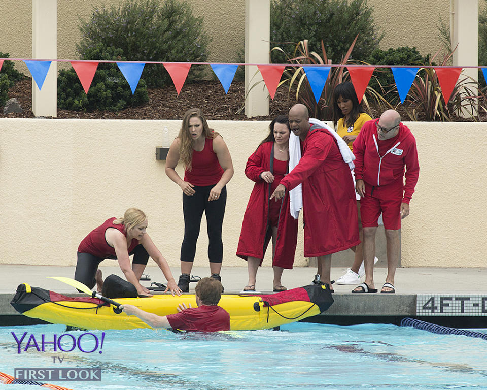 <p>The TV Sitcoms team seem to have a little trouble with the kayak relay.<br><br>(Photo Credit: Kelsey McNeal/ABC) </p>