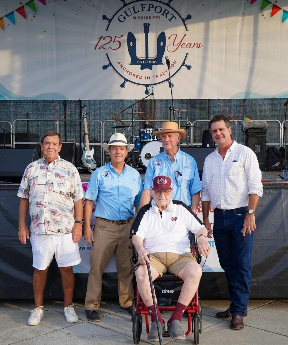 George Schloegel, Gulfport mayor from 2009-2013, joined other mayors for a photo commemorating the city’s 125th anniversary. Seated is former Mayor Leroy Urie. Standing, from left, are former Mayor Bob Short, current Mayor Billy Hewes, Schloegel and former Mayor Brent Warr.