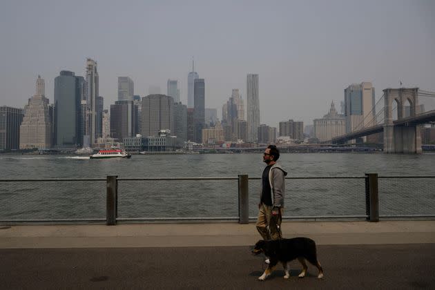 A man walks his dog in front of the skyline of lower Manhattan during heavy smog in New York City on June 7, 2023.