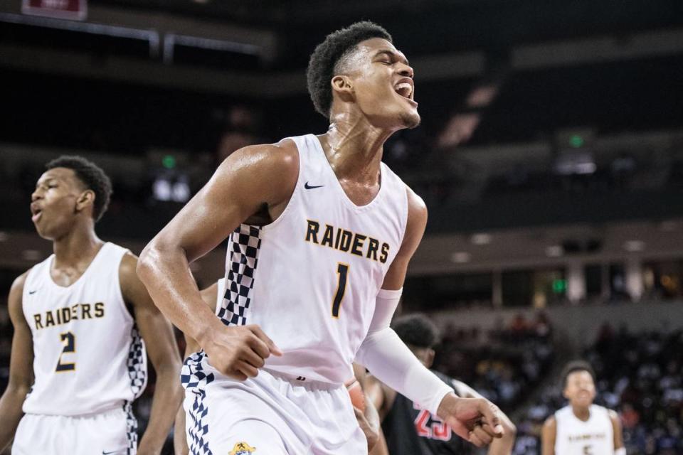 Keenan forward Dillon Jones celebrates after taking a charge against Ridgeland-Hardeeville during the Class AAA state championship game at Colonial Life Arena Saturday, March 2, 2019. Keenan defeated Ridgeland-Hardeeville 70-40.