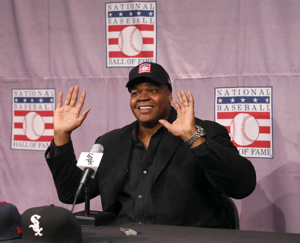 Chicago White Sox slugger Frank Thomas smiles as he responds to a question during a news conference about his selection into the MLB Baseball Hall Of Fame Wednesday, Jan. 8, 2014, at U.S. Cellular Field in Chicago. Thomas joins Greg Maddux and Tom Glavine as first ballot inductees Wednesday, and will be inducted in Cooperstown on July 27 along with managers Bobby Cox, Joe Torre and Tony La Russa, elected last month by the expansion-era committee. (AP Photo/Charles Rex Arbogast)