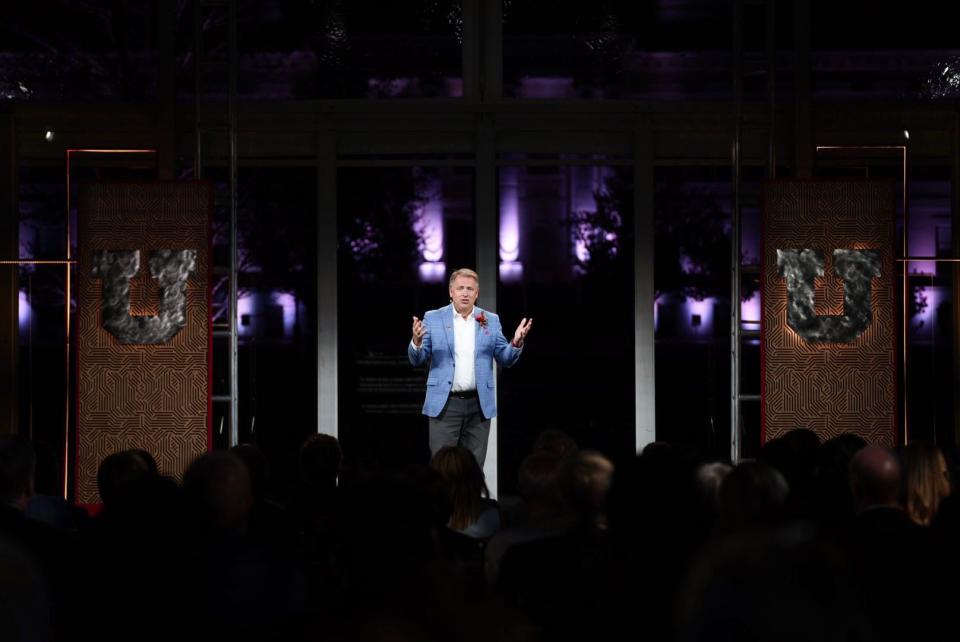 University of Utah President Taylor Randall addresses donors and Utah leaders during festivities to celebrate the university’s just-completed “Imagine New Heights” giving campaign that raised $3 billion over eight years, on Saturday, April 29, 2023. | University of Utah