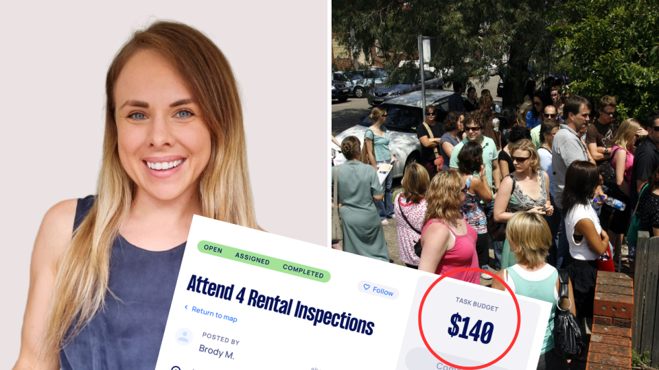 A composite image of Natalie Padjan, a long line of people waiting to inspect a rental property and a copy of an Airtasker ad looking to pay someone to attend four rental inspections.