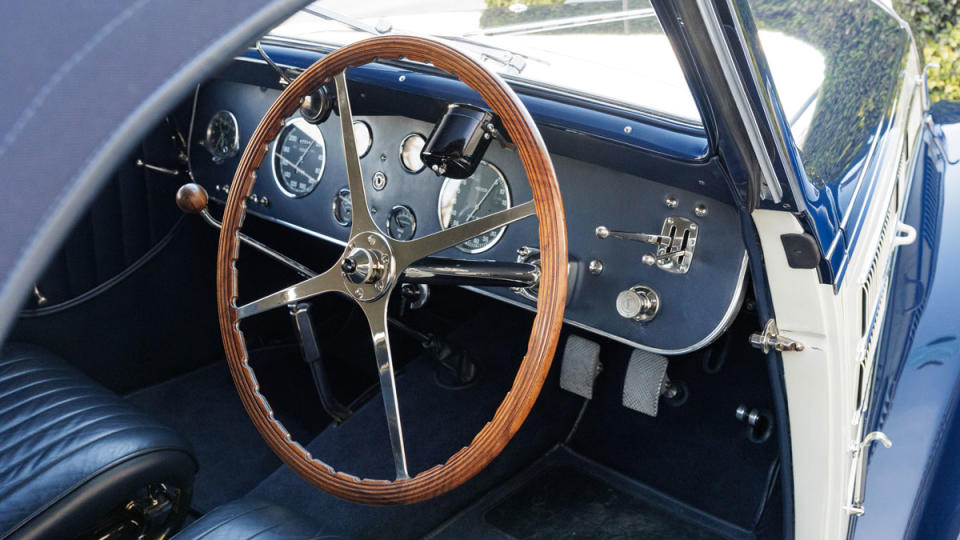 The steering wheel and dashboard of a 1938 Bugatti Type 57C Aravis “Special Cabriolet.” 