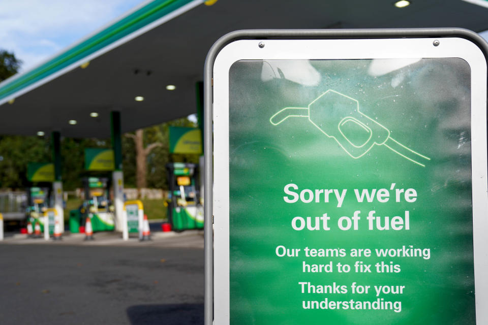 A sign outside a BP petrol station in Birmingham informing people that there is no fuel. Picture date: Tuesday September 28, 2021. (Photo by Jacob King/PA Images via Getty Images)