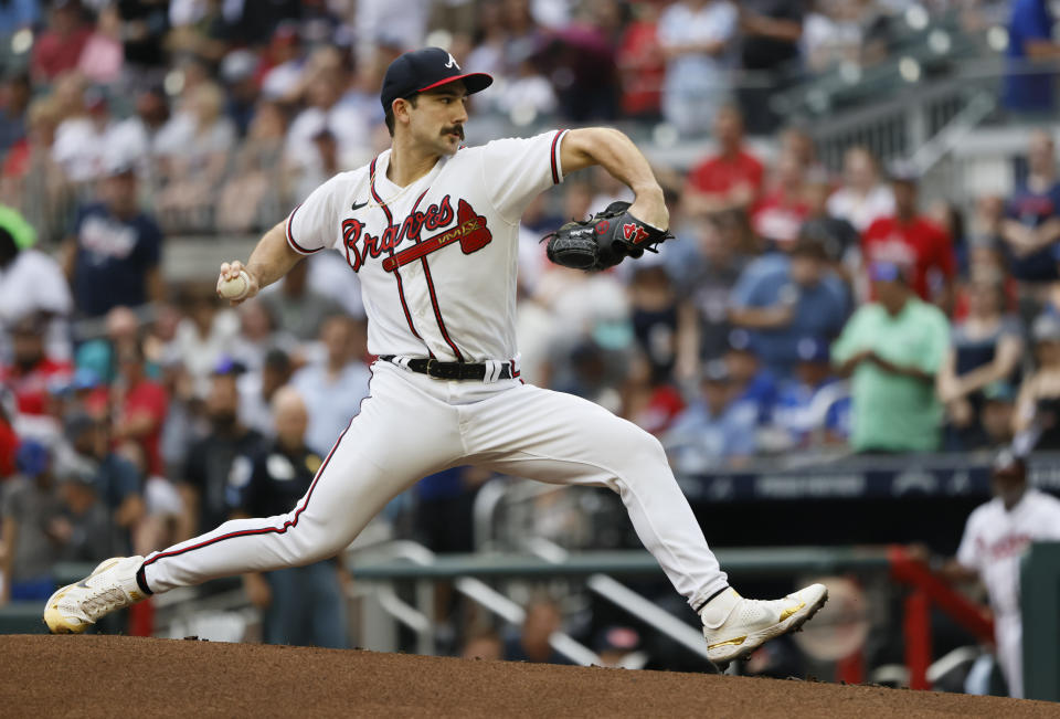 Atlanta Braves starting pitcher Spencer Strider throws to a Los Angeles Dodgers batter during the first inning of a baseball game Sunday, June 26, 2022, in Atlanta. (AP Photo/Bob Andres)