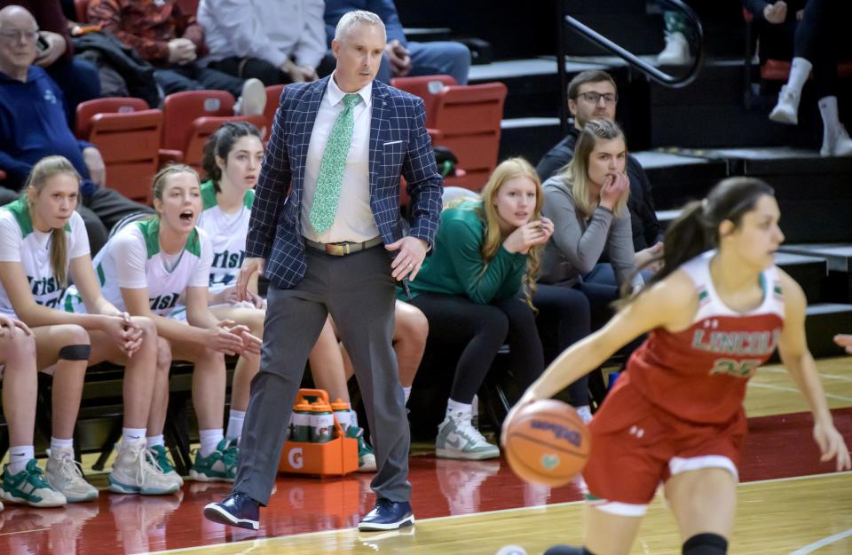 Peoria Notre Dame head coach Layne Langholf watches the action as the Irish battle Lincoln in the first half of their nonconference basketball game Saturday, Jan. 20, 2024 at Renaissance Coliseum in Peoria. The Irish fell to the Railsplitters 63-52.