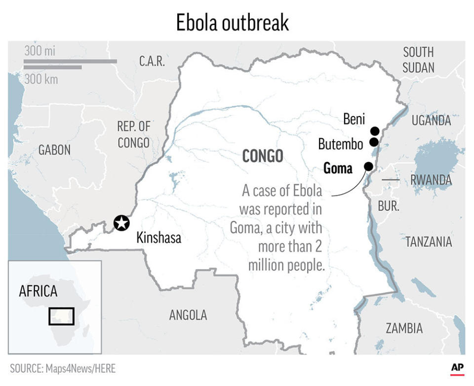 The Ebola outbreak spread this week to the eastern Congo city of Goma, with more than 2 million people, near the Rwanda border. ;