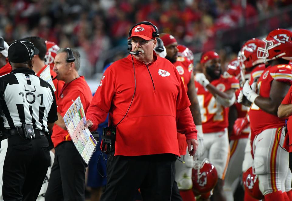 Feb 2, 2020; Miami Gardens, Florida, USA; Kansas City Chiefs head coach Andy Reid during the second quarter against the San Francisco 49ers in Super Bowl LIV at Hard Rock Stadium. Mandatory Credit: Robert Deutsch-USA TODAY Sports ORG XMIT: USATSI-424860 ORIG FILE ID: 20200202_cjm_usa_129.JPG