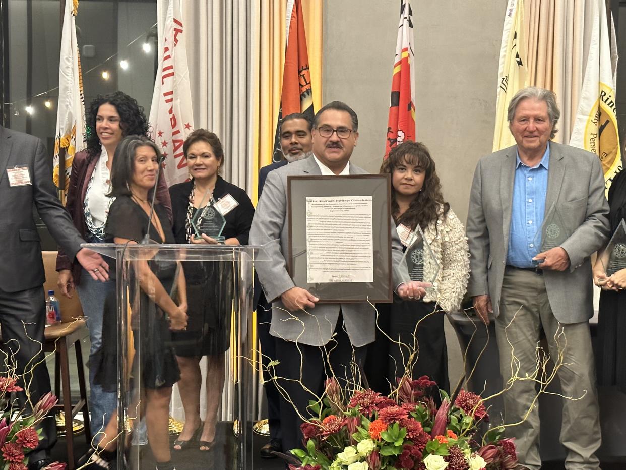 California Assemblymember James C. Ramos with his award he received from the State of California Native American Heritage Commission. (Photo/Linda Sacks)