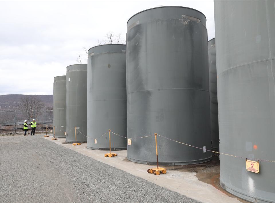 Spent fuel storage casks are pictured at the Indian Point Energy Center in Buchanan March 28, 2023. The site is undergoing decommissioning by Holtec Decommissioning International. 
