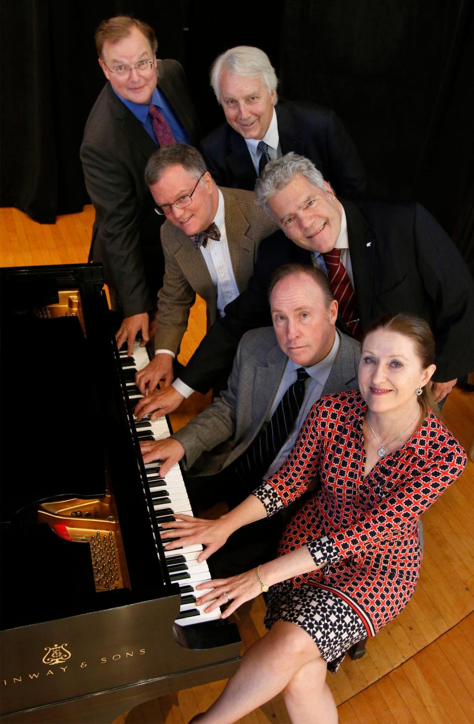 Pianists participating in the 2016 Duo Piano Gala at Tuckerman Hall posed for a photo: from top, Ian Watson, Dick Odgren,  Malcolm Halliday, Myron Romanul, Kallin Johnson and Olga Rogach. Halliday will be in Worcester to join the gala again in October.