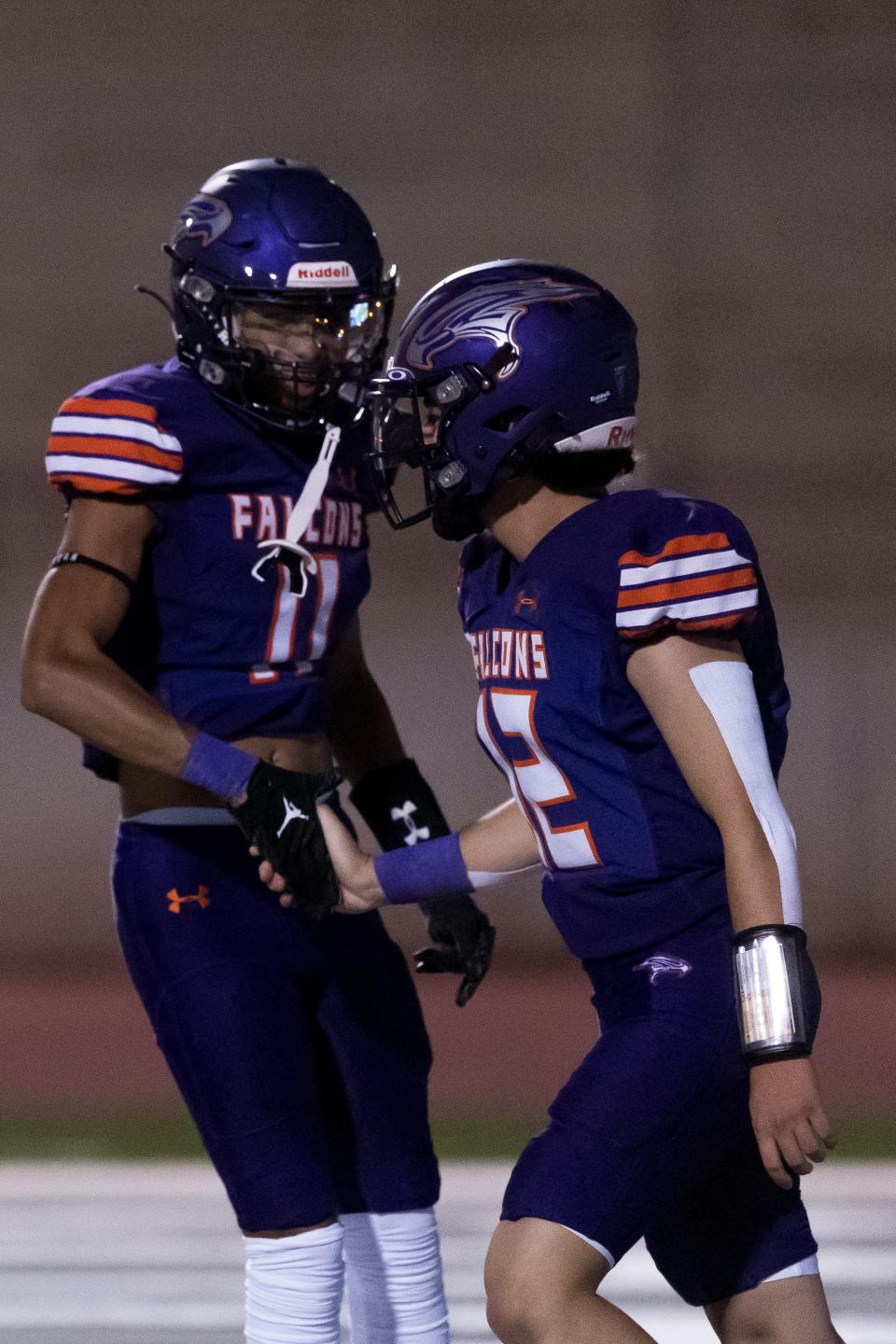 Eastlake's Luke Lomeli (12) and Ivan Medrano (11) at a high school football game against Rio Rancho on Friday, Sept. 1, 2023, at the SISD Student Activities Complex in El Paso.