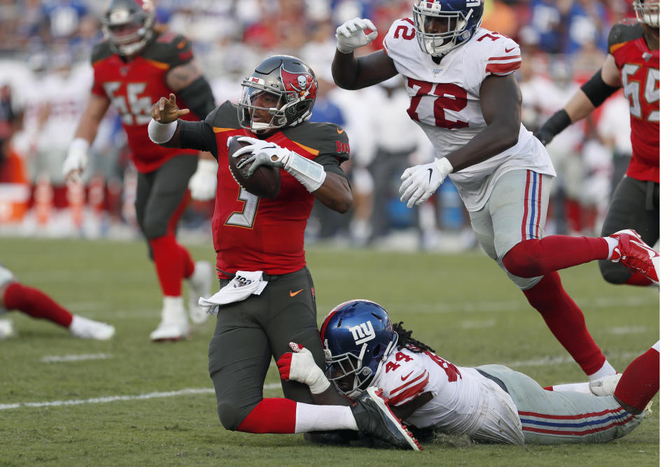 Tampa Bay Buccaneers quarterback Jameis Winston (3) gets taken down by New York Giants linebacker Markus Golden (44) during the second half of an NFL football game Sunday, Sept. 22, 2019, in Tampa, Fla. (AP Photo/Mark LoMoglio)