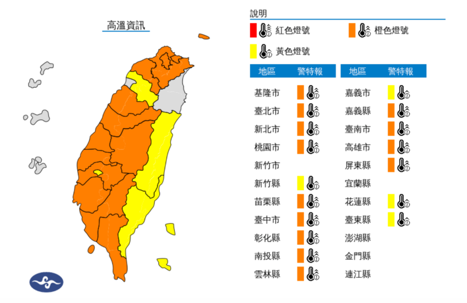 今(23)日中午中央氣象署發布了高溫特報，白天雲林縣、台南市為橙色燈號，有38度極端高溫出現的機率。   圖：翻攝自中央氣象署官網
