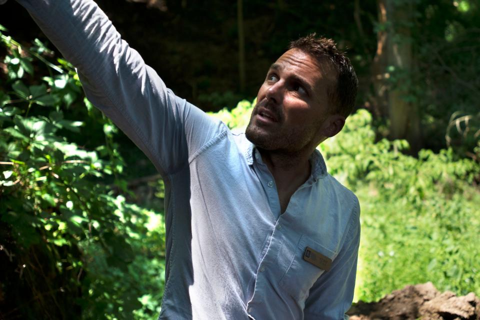 Mercer Museum Exhibit Specialist Clint Flack shows the cave he suspects was a hideout for the Doan Gang during the Revolutionary War at a private property in Buckingham on Friday, July 22, 2022. Flack is helping dig the cave to gather more evidence.