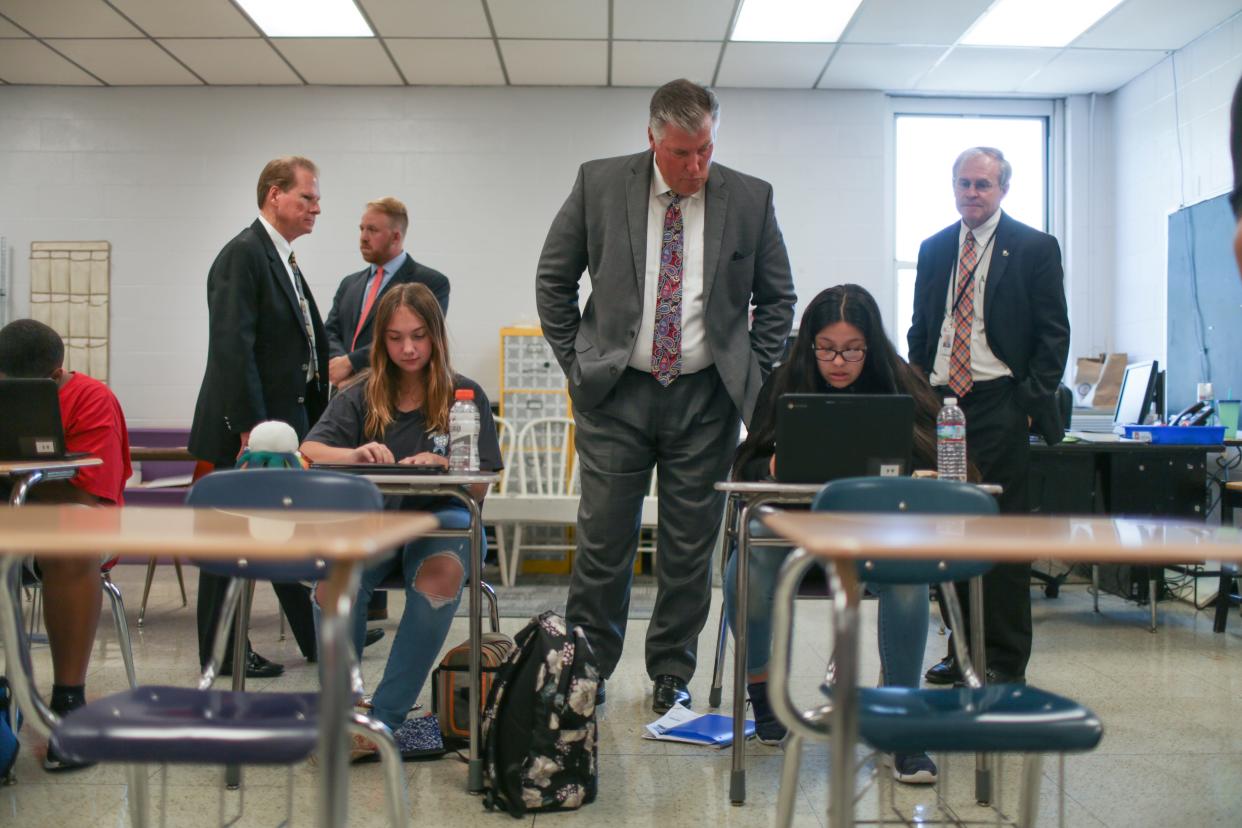 Rep. Scott Cepicky, R-Culleoka, center, and Sen. Joey Hensley, R-Hohenwald, tour Whitthorne Middle School in Columbia, Tenn., as Tennessee Department of Education Commissioner Penny Schwinn stops at the school for the "Accelerating TN" bus tour on Tuesday, June 29, 2021.