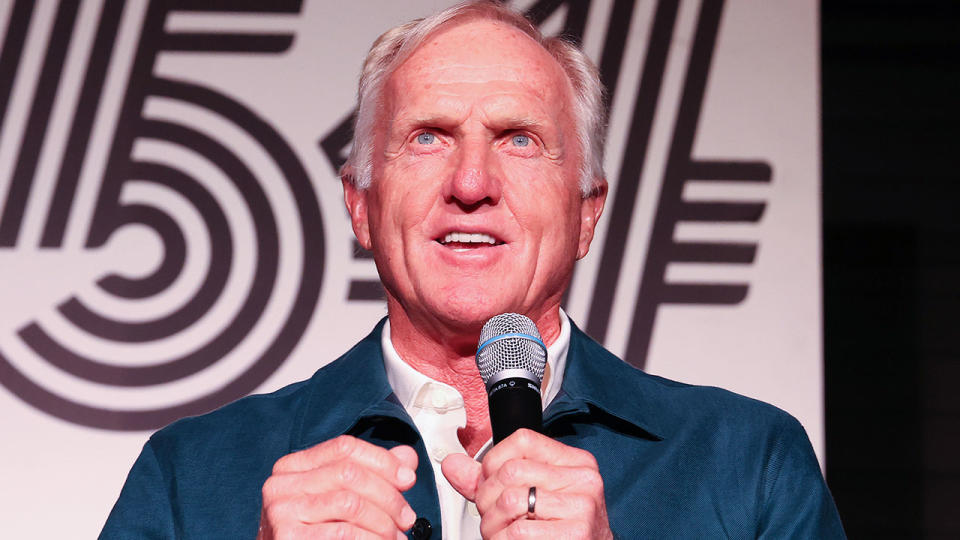 Seen here, LIV Golf CEO Greg Norman addressing media at an event.