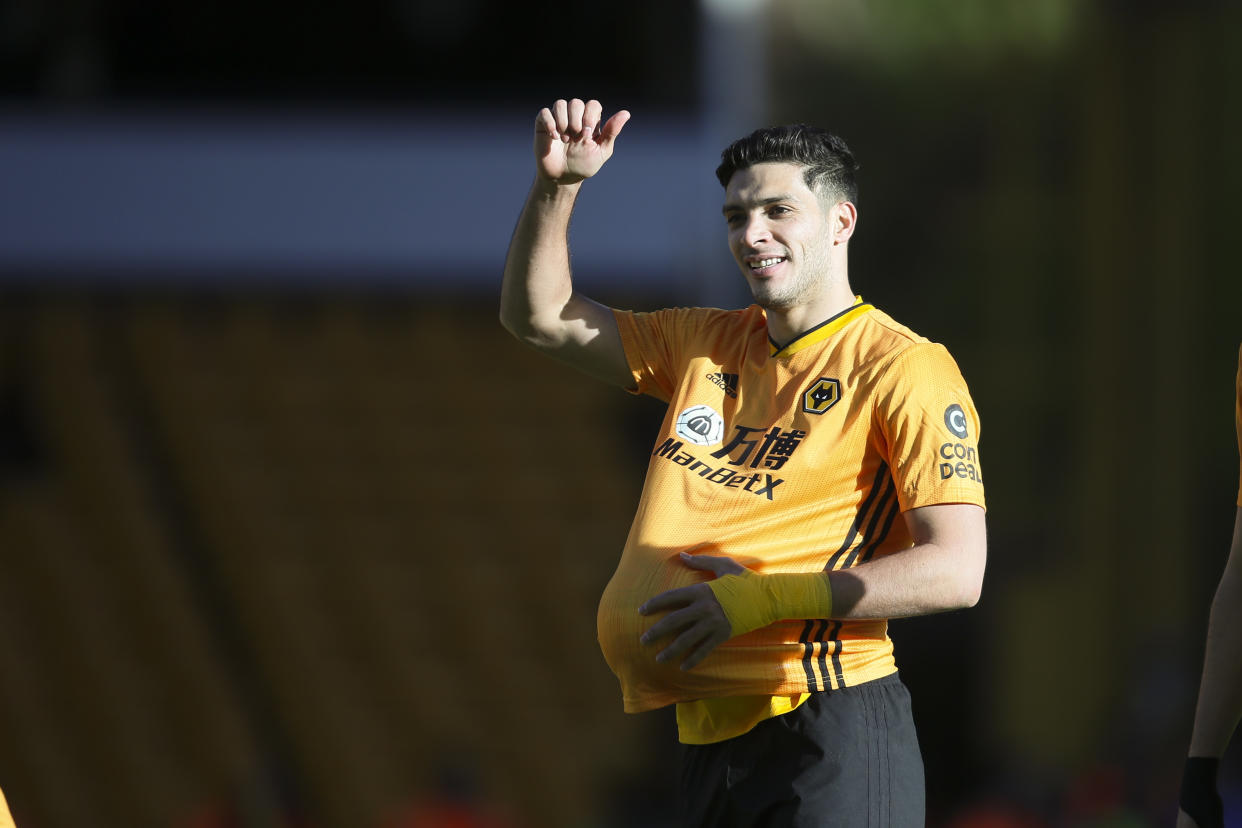 WOLVERHAMPTON, ENGLAND - FEBRUARY 23: Raul Jimenez of Wolverhampton Wanderers celebrates after scoring a goal to make it 3-0 during the Premier League match between Wolverhampton Wanderers and Norwich City at Molineux on February 23, 2020 in Wolverhampton, United Kingdom. (Photo by James Baylis - AMA/Getty Images)
