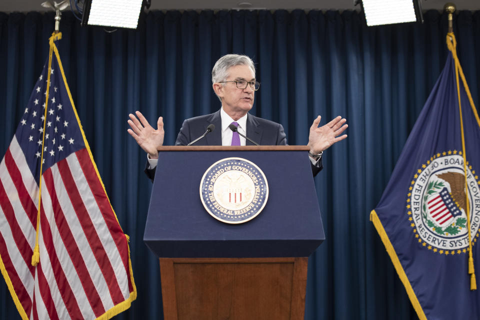 Federal Reserve Chairman Jerome Powell speaks at a news conference, Wednesday, Jan. 30, 2019, in Washington. The Federal Reserve is keeping its key interest rate unchanged and promising to be "patient." It is signaling it could leave rates alone in coming months given muted inflation. (AP Photo/Alex Brandon)