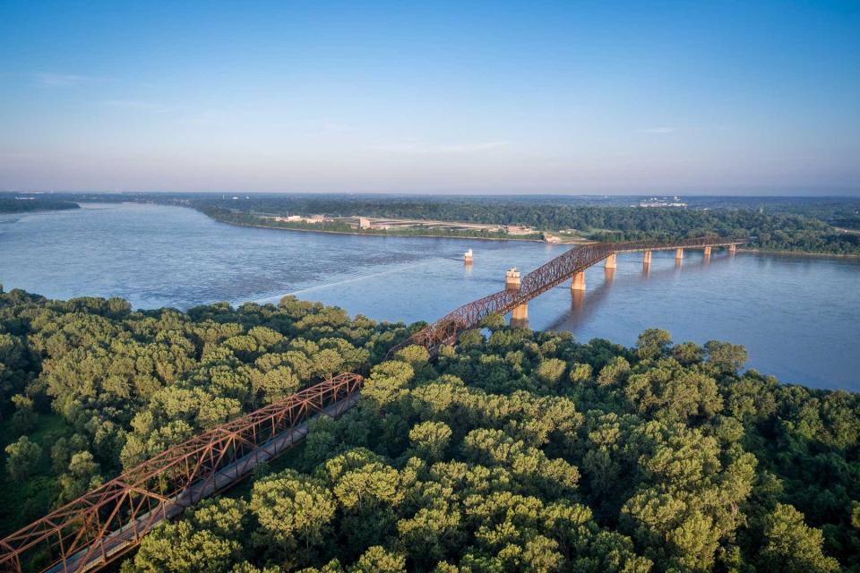 The old Chain of Rocks Bridge over Mississippi River near St Louis - aerial view from Illinois shore