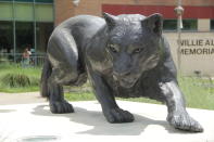 This 2021 photo shows the Panther statue at Prairie View A&M University in Prairie View, Texas. Philanthropist MacKenzie Scott has funded organizations that received the most money for racial equity in 27 different states following the police killing of George Floyd. According to an AP analysis of new preliminary data from the philanthropy research organization Candid, Scott was responsible for approximately $567 million given to these organizations. (Michael T. Thomas/Prairie View A&M University Marketing and Communications via AP)