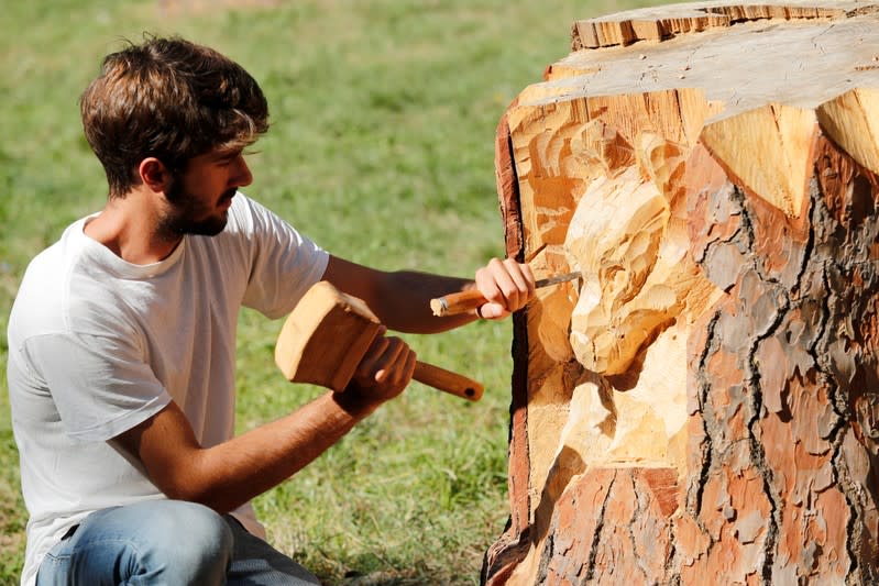 Sculptor Andrea Gandini carves a sculpture of a wolf's face from a dead tree stump in the Villa Pamphili park