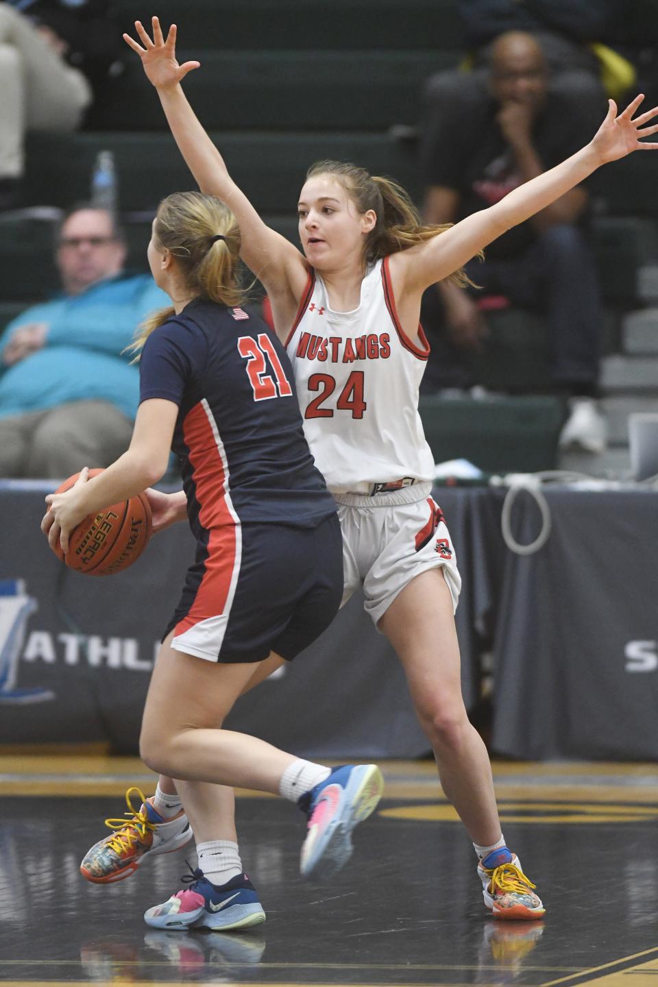 Dansville's Emma Allen makes it difficut for Madelynb Moore of Hornell to drive the lane.