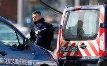 <p>A gendarmes secures the entrance to the Super U supermarket where a gunman claiming allegiance to the Islamic State (IS) holding hostages in Trebes, southern France, 23 March 2018. French police are launching a raid on the supermaket where a gunman that allegedly pledged alliance to the IS is holding hostages. Police says at least two people died and dozens were injured in Trebes near Carcassonne. (Photo: Guillaume Horcajuelo/EPA-EFE/REX/Shutterstock) </p>