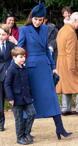 <p>Mark Cuthbert/UK Press/Getty</p> From left: Prince Louis and Kate Middleton attend Christmas church on December 25, 2023