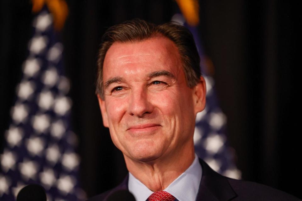 PHOTO: Tom Suozzi, D-N.Y., speaks to the crowd at his victory party held at the Crest Hollow Country Club, Feb. 13, 2024, in Woodbury, N.Y. (Steve Pfost/Newsday RM via Getty Images)