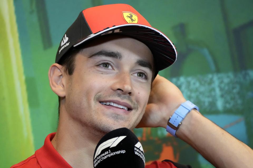 Ferrari driver Charles Leclerc of Monaco attends a news conference at the Baku circuit, in Baku, Azerbaijan, Friday, June 10, 2022. The Formula One Grand Prix will be held on Sunday. (AP Photo/Sergei Grits)