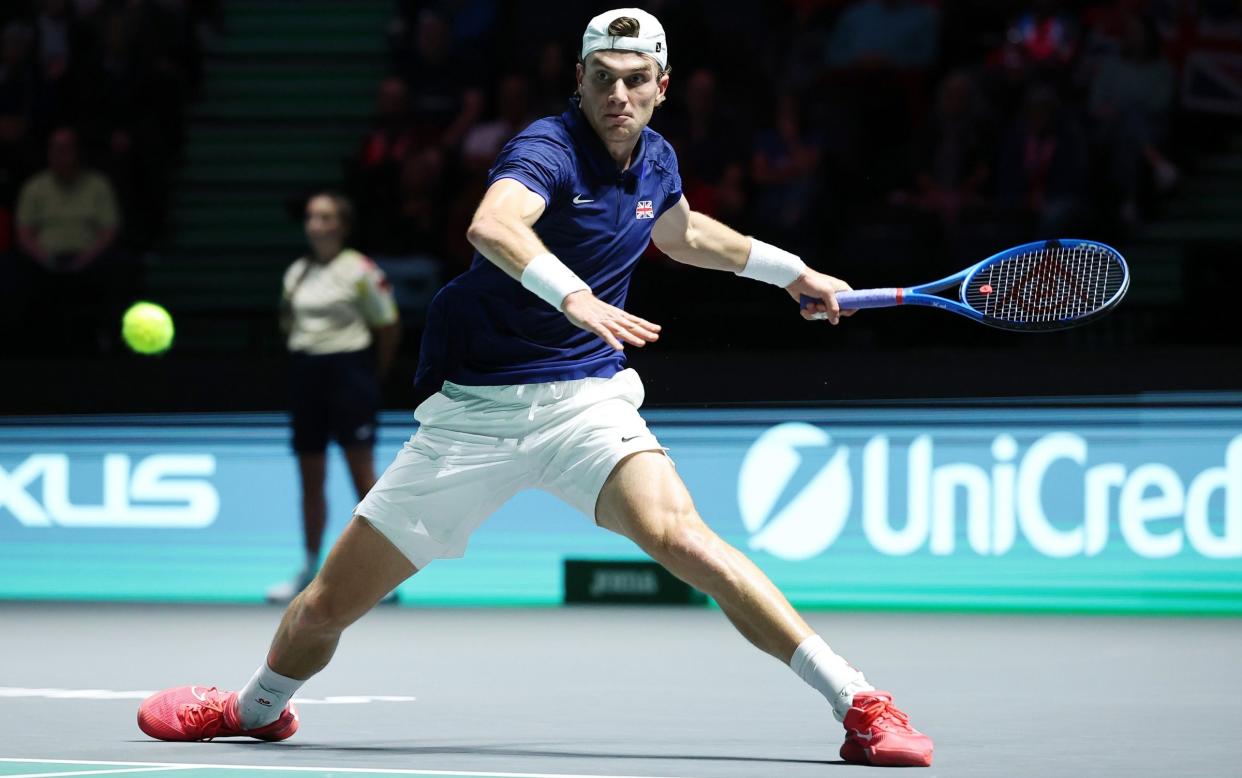 Great Britain's Jack Draper plays a forehand during his 2024 Davis Cup group stage match against Francisco Cerundolo of Argentina at AO Arena, Manchester, September 13, 2024