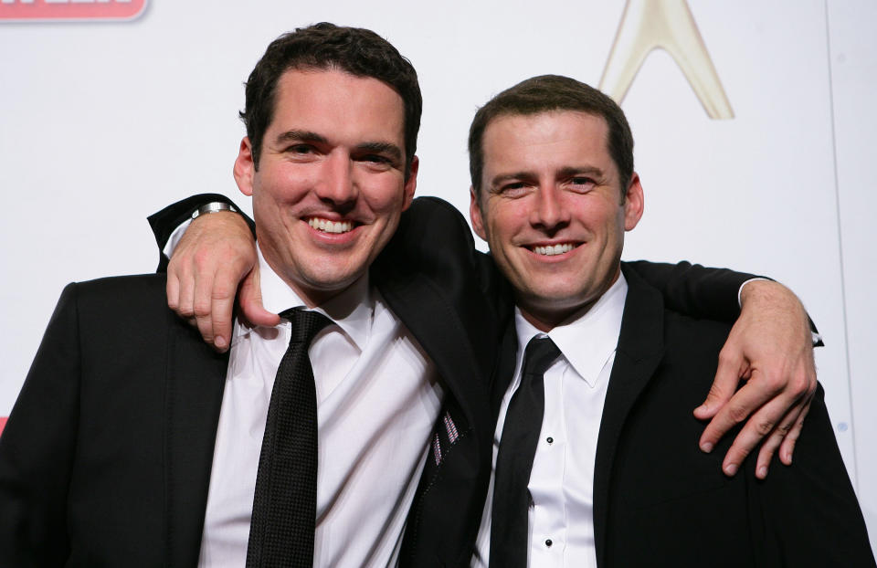 Peter Stefanovic and Karl Stefanovic  pose in the awards room during the 2011 Logie Awards at Crown Palladium