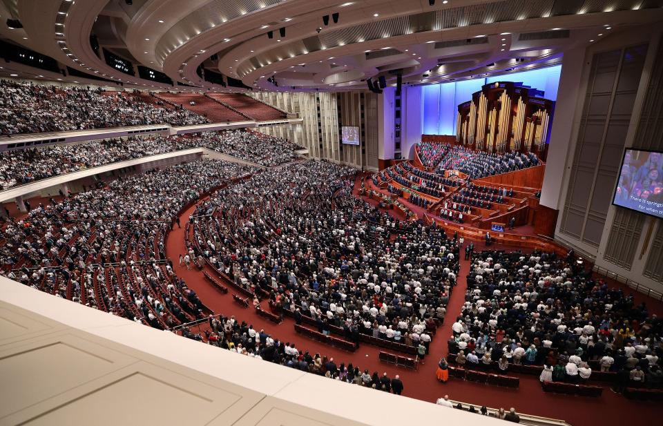 Attendees sing during the 193rd Semiannual General Conference of The Church of Jesus Christ of Latter-day Saints at the Conference Center in Salt Lake City on Saturday, Sept. 30, 2023. | Jeffrey D. Allred, Deseret News