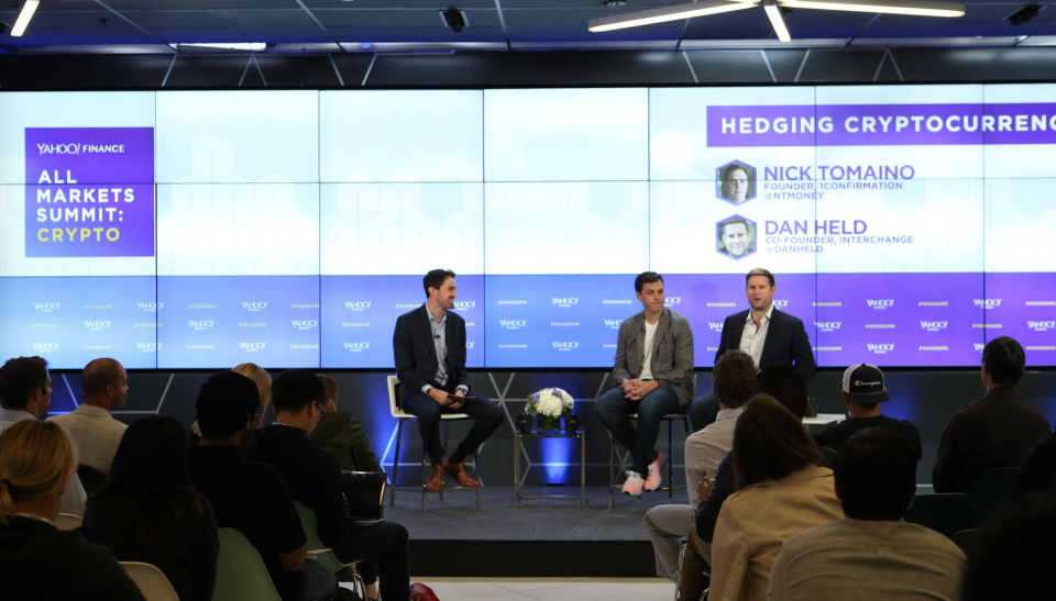 Nick Tomaino of 1confirmation (center) and Dan Held of Picks & Shovels (far right) speak at Yahoo Finance’s All Markets Summit: Crypto in San Francisco on June 14, 2018. (Jeremy Waldorph/Oath)