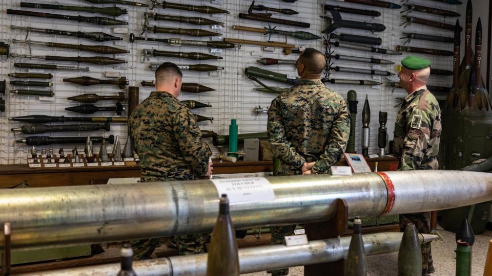 U.S. Marines receive a tour of the 1st Foreign Legion Infantry Regiment's headquarters during exercise Orion in Laudun, France, on Feb. 28, 2023. (Sgt. Alexa M. Hernandez/U.S. Marine Corps)