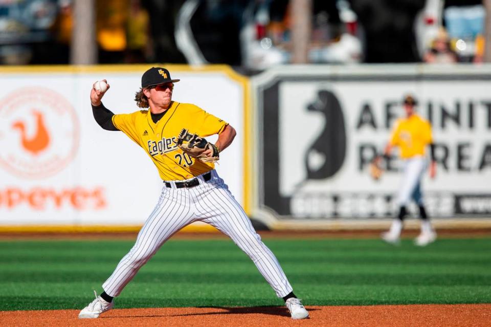 Southern Miss’s Brady Faust throws a pass during a game against UTSA during the Conference USA tournament at Pete Taylor Park in Hattiesburg on Saturday, May 28, 2022.