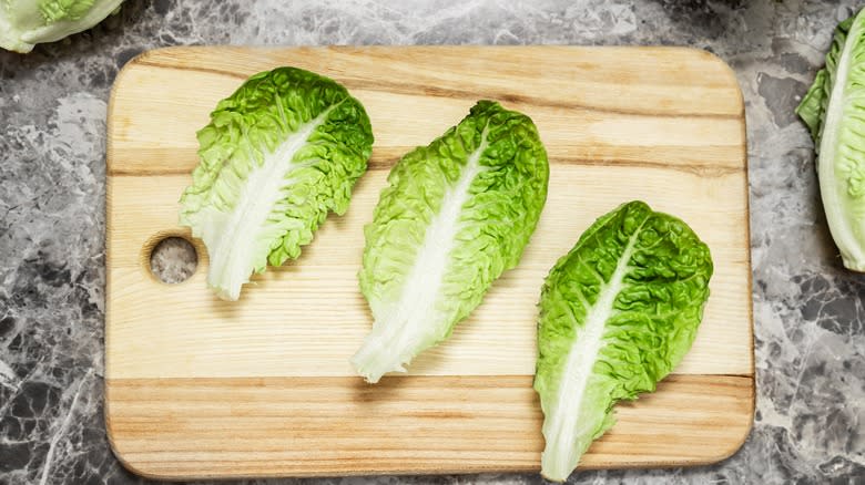 romaine lettuce leaves cutting board