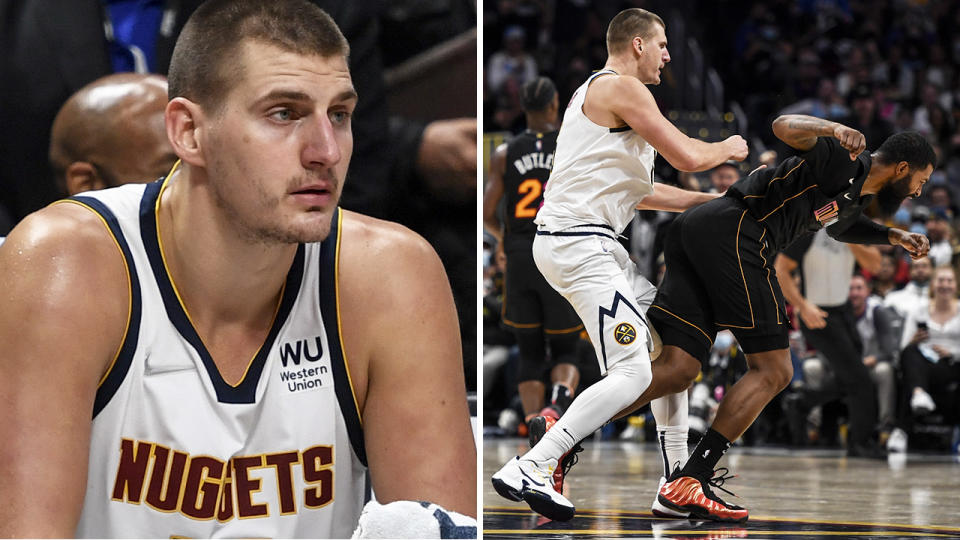 Reigning NBA MVP Nikola Jokic has been suspended for one game after shoving Miami Heat player Markieff Morris to the ground earlier in the week. Pictures: Getty Images