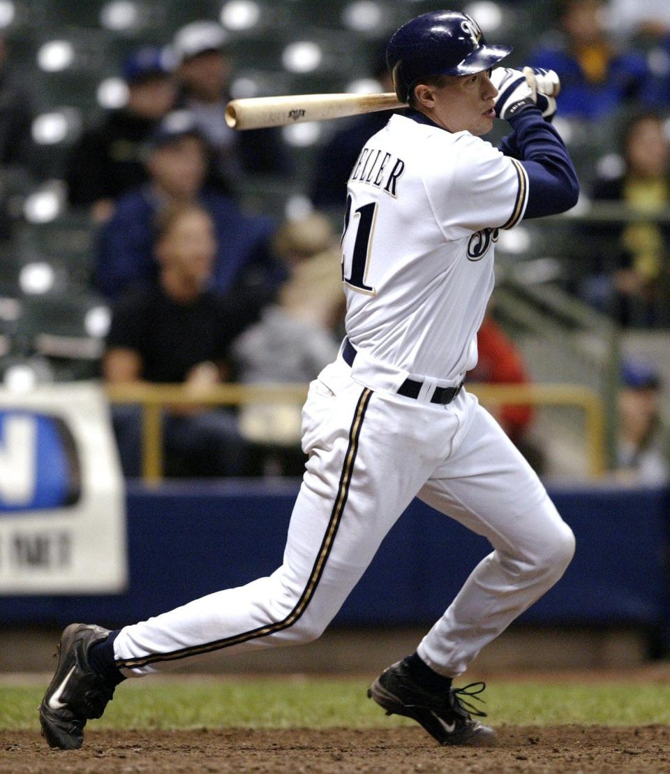 Chad Moeller watches his single in the seventh inning to complete the cycle.