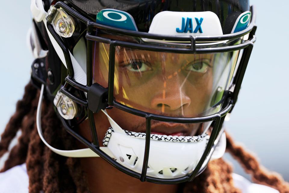 Jacksonville Jaguars cornerback Gregory Junior (34) walks off the field after working on his catches after the third and final day of a mandatory minicamp Monday, June 12, 2023 at TIAA Bank Field in Jacksonville, Fla. 