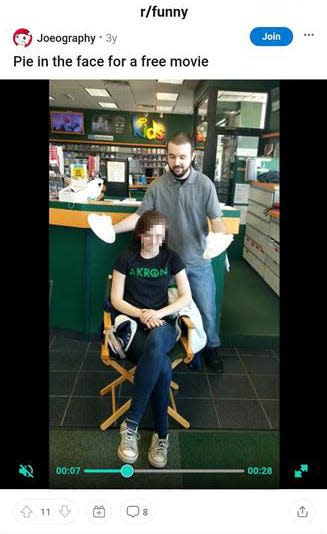 n this Reddit post, Joseph Tokosh is seen with pies and a customer in a video rental shop. The same woman appeared in a now removed YouTube video tied to Tokosh. Note: The woman's face was blurred by USA TODAY to protect her identity.